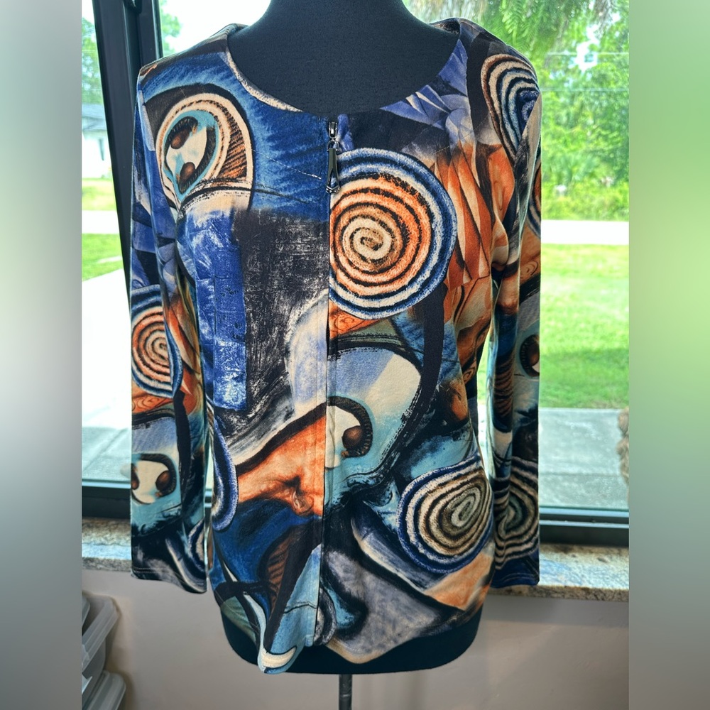 Radzoli Beige  Blue Wearable Art Zip Blouse Buttery Soft Size Small